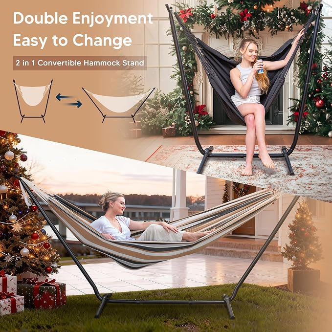 SUNCREAT 2-in-1 Convertible Double Hammocks 2 Person Heavy Duty, Large Patio Hammock with Space Saving Stand, Patented, Coffee Stripe