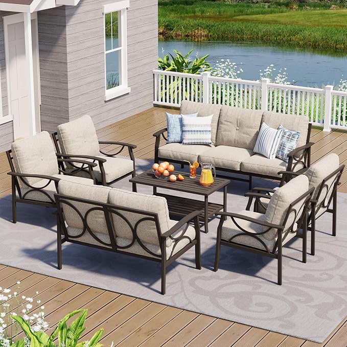 FansaFurn 7-Pieces Outdoor Patio Furniture Set, Outdoor Metal Sectional Furniture with Cushions, Outdoor Conversation Seating Set with Coffee Table for Garden, Balcony, Deck, Backyard, Khaki