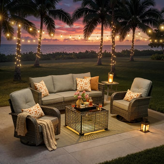 5-Piece Outdoor Patio Furniture Set with Swivel Chairs, Outdoor Conversation Wicker Sofa with Coffee Table, Rattan Couch for Deck, Backyard, Poolside (Dark Grey)
