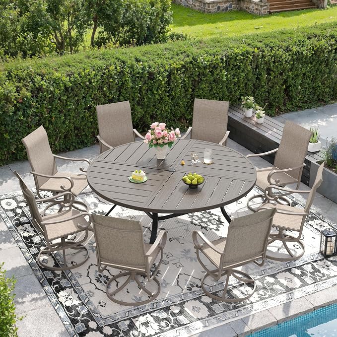 DIFY 9 Piece Outdoor Dining Set for 8, 59.8" Grey Wood-Like Round Metal Dining Table with Umbrella Hole and Swivel Patio Chairs with Sandshell Textilene, Patio Table and Chairs Set for Garden Backyard