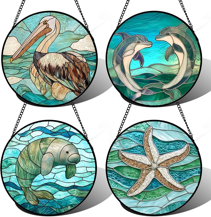 DASTOLL Stained Glass Window Hanging 4 Pcs Set Cyan Ocean Life Theme 9.8" - Sea Starfish Suncatcher Door Garden Sun Catcher Decor Birthday for Mom Woman Nana Men Friend