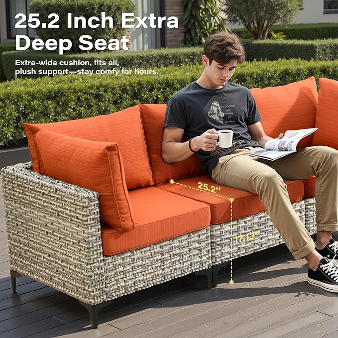 11 Pieces Outdoor Sectional Patio Furniture Set with 54" Fire Pit,Wicker Conversation Sets Rattan L Shaped Couch Swivel Rocking Chairs,Modular Outdoor Sofa for Porch Balcony Backyard Orange