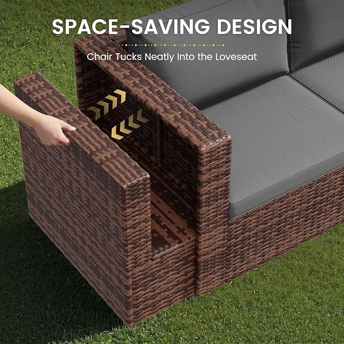 Amopatio Patio Furniture Set with Fire Pit Table, All-Weather Wicker Outdoor Conversation Sofa Set with Glass Coffee Table, Cushions & Ottomans for Deck Backyard Porch Lawn Brown/Dark Grey