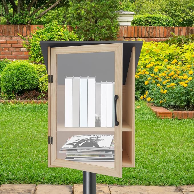 Outdoor Library Box, 16x14.5x22.6inch Wood Literature Exchange Box DIY Little Wood Cabinet with Waterproof Roof and Shelf for Outside Neighborhoods Community and Schools Sharing Books (Sloped Roof)