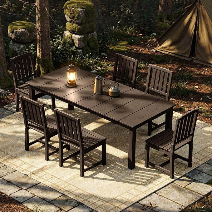 AreShark 7-Piece Outdoor Dining Set,HDPE Patio Table with 6 Armless Chairs,All-Weather Patio Furniture Set with Umbrella Hole,Low Maintenance Wood Grain Dining Set for Backyard,Garden,Poolside,Black
