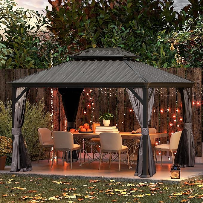 Domi 11' X 13' Hardtop Gazebo, Upgraded Metal Gazebo with Drainage System, Dual-Layer Galvanized Steel Roof, Curtain and Netting, Outdoor Shelter Canopy for Patio, Garden, and Backyard, Grey