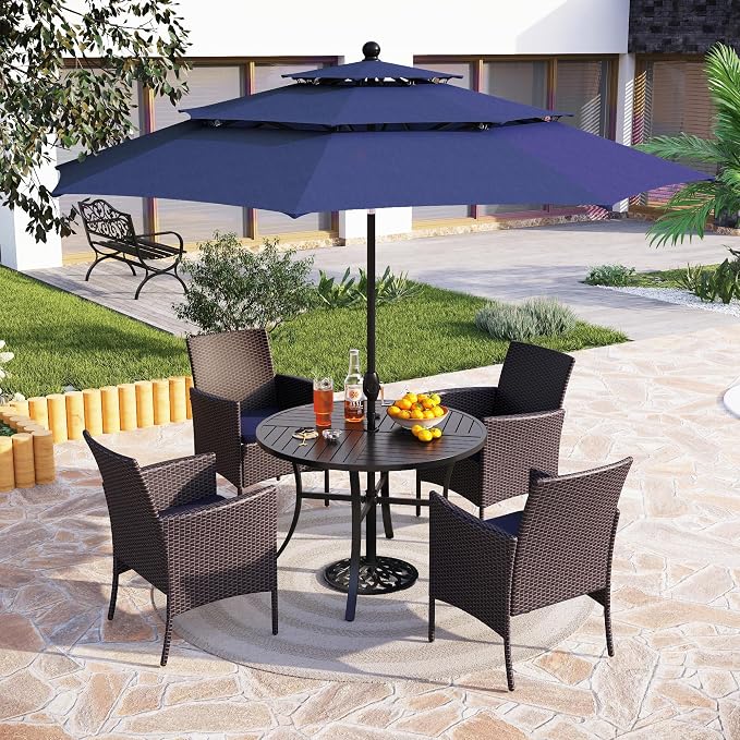 PHI VILLA 5pc Patio Dining Set with Umbrella, Round Table, Rattan Chairs | Outdoor Dining Set for 4, 42" Metal Table & 4 Cushioned Rattan Chairs with Blue Umbrella for Outdoor, Deck, Yard, Porch
