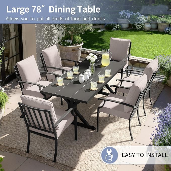 Kullavik 7 Pcs Outdoor Dining Set,Patio Dining Table and Chairs Set for 6,Fence Pattern Back Chairs with Thickened Cushions & X-Frame Metal Dining Table with Umbrella Hole for Patio,Sand