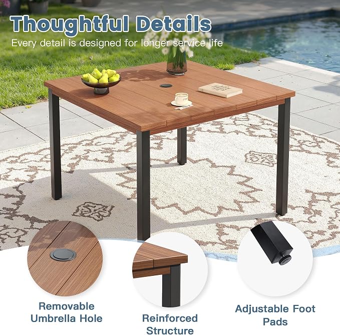 DIFY 5 Pieces Outdoor Dining Set for 4, 40.2" Walnut Square Metal Table with 2 Stackable Wicker Patio Chairs & 2 Swivel Chairs, Patio Furniture Set with Cushions and Umbrella Hole, Wheat Rattan