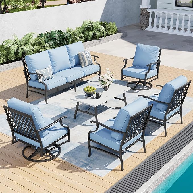 SUNSHINE VALLEY 6 Piece Metal Outdoor Patio Furniture Set, Patio Conversation Sets 1 3-Seater Sofa, 2 Swivel Chair, 2 Leg Chair with 5.75" Thick Cushion and Coffee Table, Backyard Furniture Set, Blue