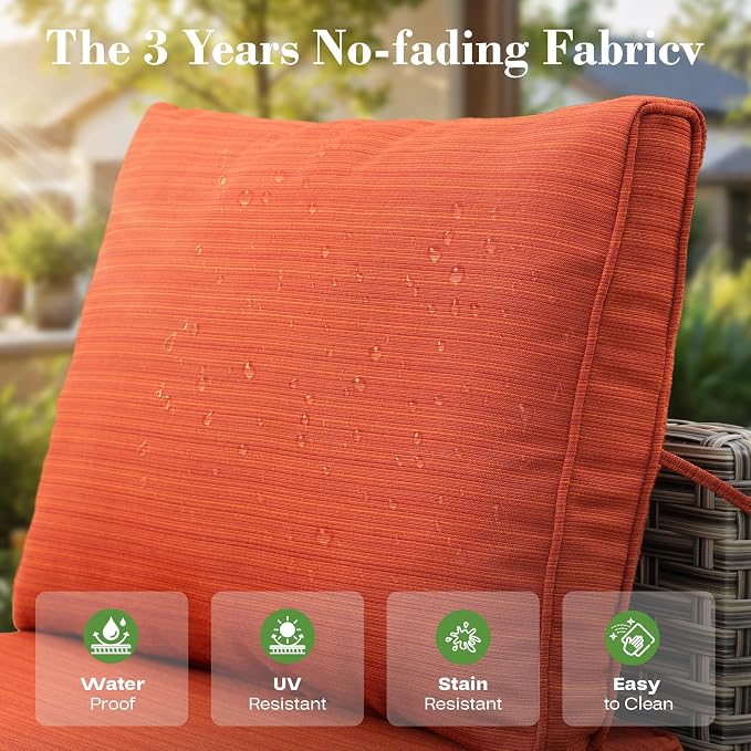 9 Pcs Patio Furniture with Fire Pit Table, Outdoor Rattan Wicker Conversation Set with Glowing Coffee Table, Comfy Sectional Sofa for Porch Balcony Backyard Pool, Orange