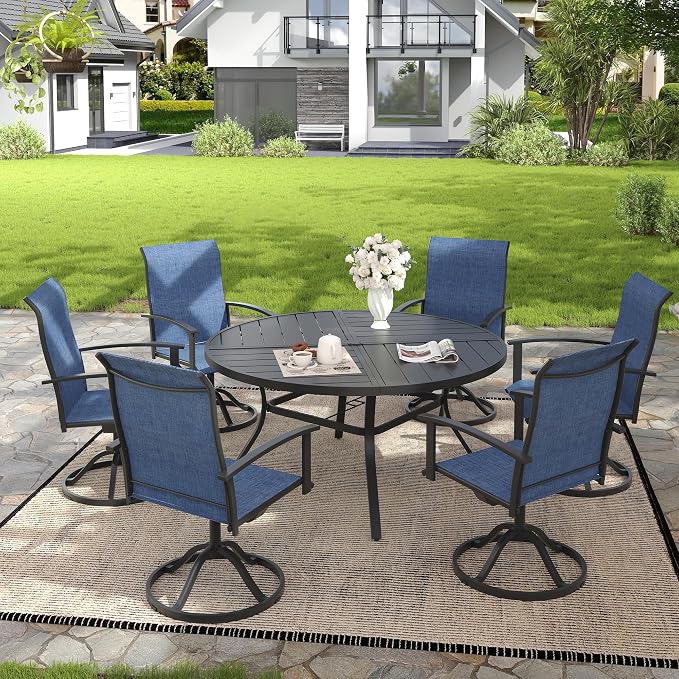 VICLLAX 7 Pieces Patio Outdoor Dining Set, 6 Swivel Textilene Chairs and 53" Round Metal Table with Umbrella Hole for Porch, Deck, Garden, Black/Dark Blue