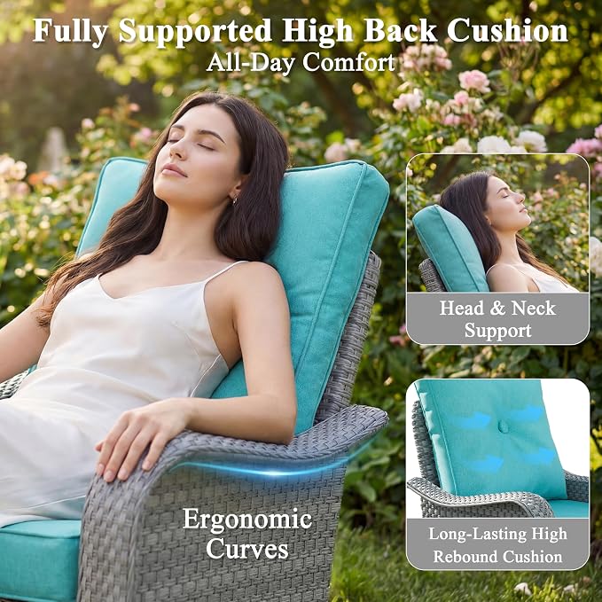 6 Piece Wicker Patio Furniture Set, Swivel Rocking Chairs with 4''Cushions, PE Rattan, Rust Resistant Frame, Double Layer Glass Side Table, for Backyard, Deck or Balcony, Blue