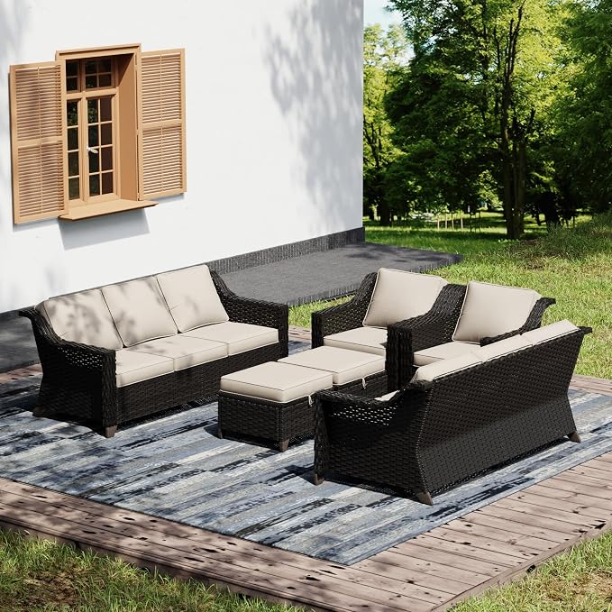 Joyside Wicker Patio Furniture Sets, 6 Pieces Upgraded Large Size Outdoor Furniture with Swivel Rocking Patio Chairs, Two 3-Seat Sofa, Outdoor Ottoman, Thick Cushions, Wide Armrest, Beige