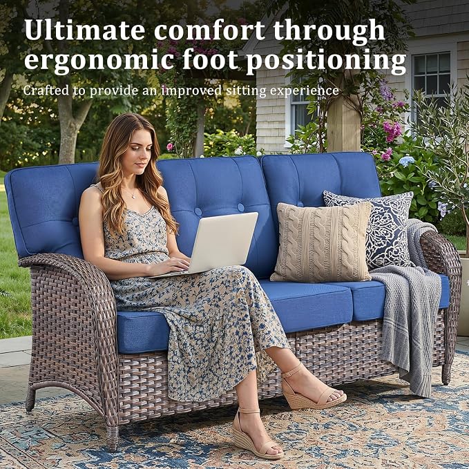 Patio Furniture Set, 5PCS Outdoor Wicker Conversation Set with 5" Thick Cushions, High Back Rattan Sofa & Swivel Rocker Chairs, Weather Resistant Olefin Fabric for Garden, Poolside Brown/Blue