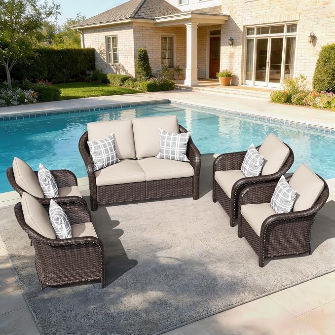 5 PCS Outdoor Conversation Set | 55" Couch, 4 Chairs, Patio Wicker Conversation Furniture with Removable Cushions for Bistro, Deck, Sunroom (Beige)