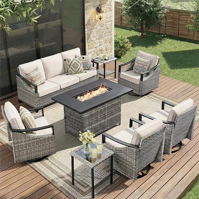 Patio Furniture Set with 42.5" Fire Pit Table-8 Pieces All Weather Wicker Outdoor Furniture with High Back Swivel Patio Chairs Set of 4 Outdoor Patio Conversation for Deck Garden Beige/Gray