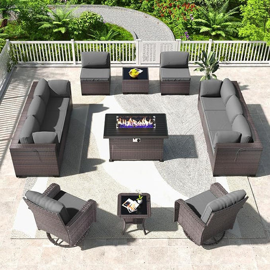 Kullavik 13PCS Outdoor Patio Furniture Set,PE Wicker Rattan Sectional Sofa Patio Conversation Sets with 43" 55000BTU Gas Propane Fire Pit Table,Swivel Rocking Chairs Set,Grey