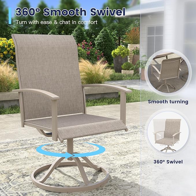 VICLLAX Outdoor Table and Chairs Set for 8, Patio Dining Set of 60 Metal Round Patio Table with Umbrella Hole & 9 Swivel Outdoor Dining Chairs for Backyard Lawn, Sandshell