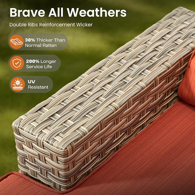 ovios 10 Piece Patio Sectional Furniture with 42in Fire Pit Table, Rattan Wicker Coversation Setwith Single Chairs, Outdoor Sofa Set for Outside Porch Balcony Backyard Pool, Orange