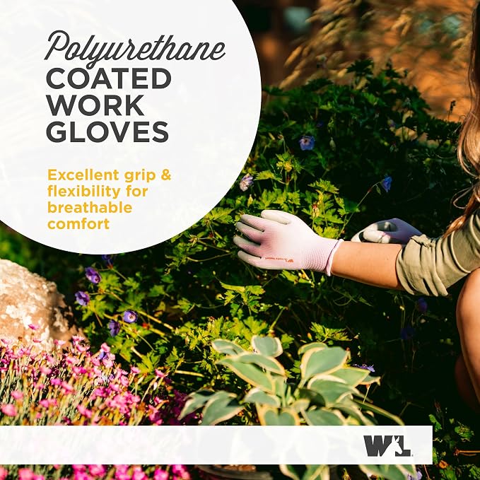 Wells Lamont Gardening Gloves for Women – Breathable Polyester, Seamless Fit – PU-Coated Palm for Grip & Durability