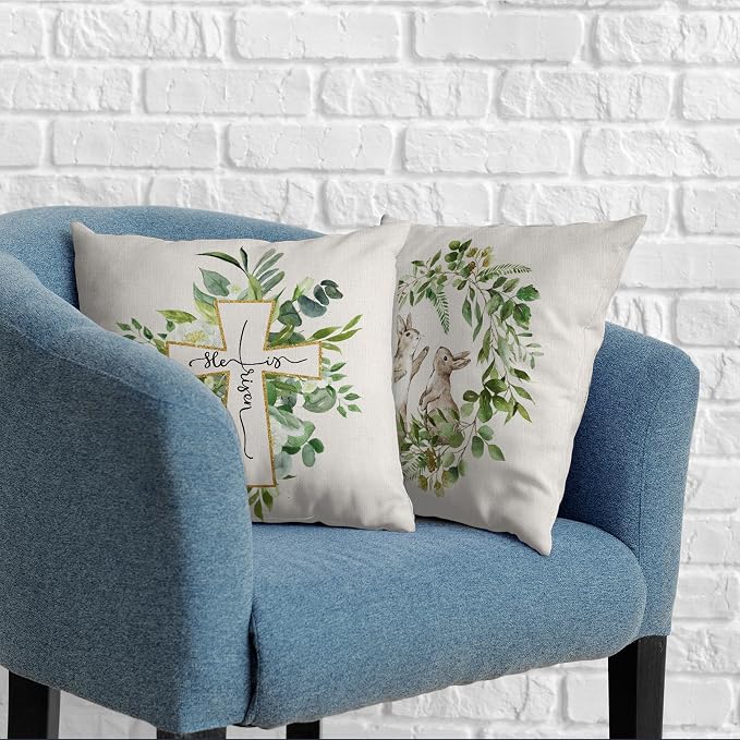 He is Risen Easter Cross Throw Pillow Covers 18x18 Set of 2 Easter Bunny Rabbit Pillow Case Spring Green Wreath Decorative Cushion Case for Living Room Couch Patio