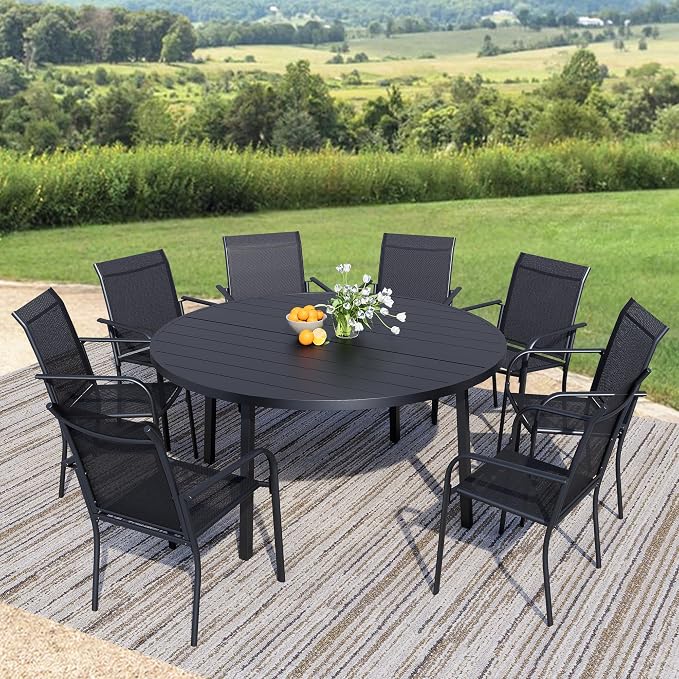 9-Piece Patio Furniture Set, Black Round Patio Table and Black Chairs Set of 8, Outdoor Dining Set with Umbrella Hole for Garden, Yard, Patio
