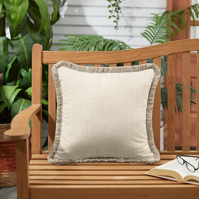 Sorra Home x Sunbrella Fringe Pillow, 18 x 18 x 6 inches, Cast Pumice and Taupe