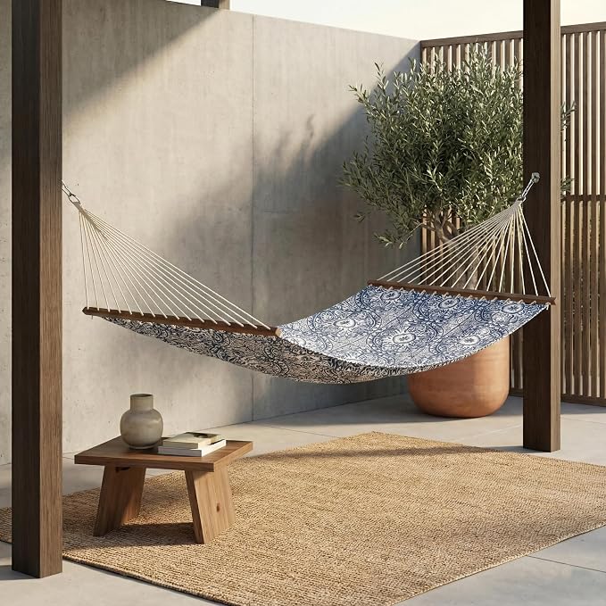Fab Habitat Farmhouse Recycled Polyester Hammock - Spanish Tile - Blue - Indoor/Outdoor, Quick Dry, 2 Person 460 lbs Capacity - Patio, Poolside, Backyard, Garden, Beach, Balcony - 12-14 ft Adjustable