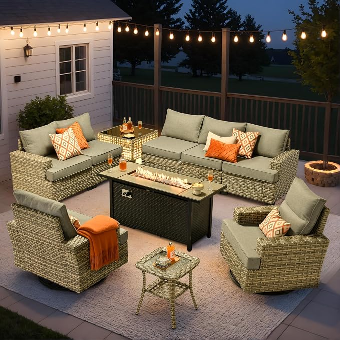 10 Pcs Outdoor Sectional Patio Furniture Set with Fire Pit Table and Swivel Rocking Chairs - All Weather Wicker Modular Outside Sectional Couch,Patio Seating Outdoor Conversation Sets,Dark Grey
