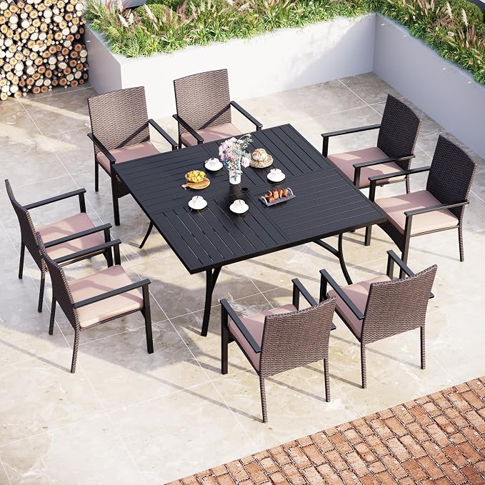 MFSTUDIO 9 Piece Outdoor Dining Set for 8, Square Metal Dining Table & Cushioned Rattan Chairs, Patio Metal Dining Furiture Set for Patio, Deck, Yard