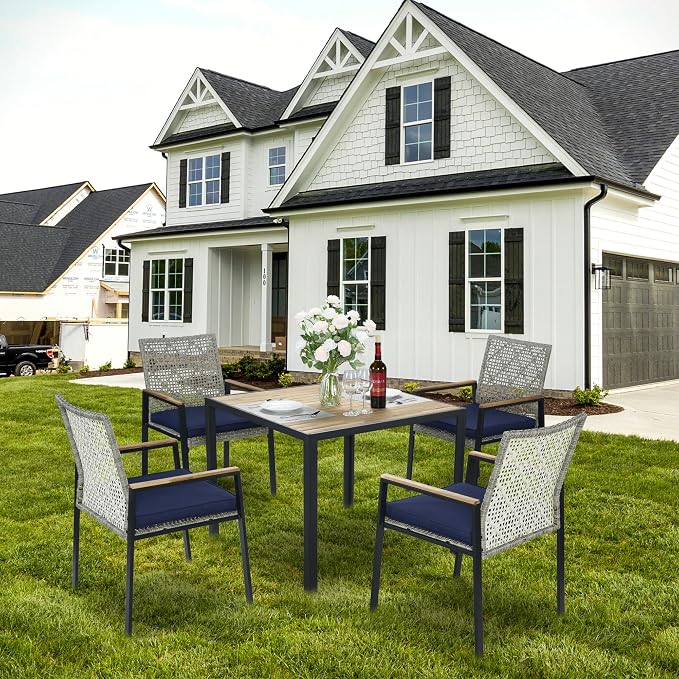 5-Piece Outdoor Patio Furniture Dining Set, All-Weather Rattan Conversation Set with Umbrella Hole, Weather Resistant Tables and Chairs for Garden/Backyard Deck (Light Gray)