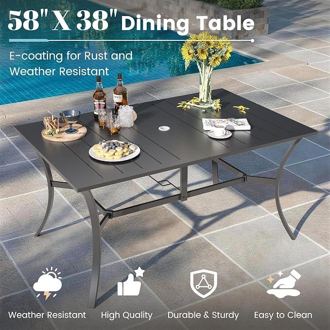 7 Pieces Patio Dining Set, Padded Patio Outdoor Furniture Set of 6 Patio Swivel Dining Chairs and Patio Spliced Rectangular Tabletop with Umbrella Hole, for Deck, Backyard, Poolside & Garden
