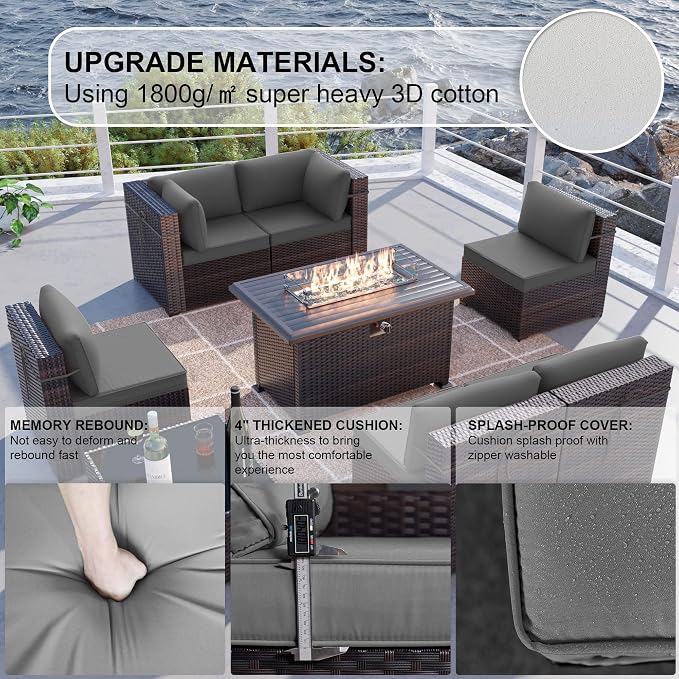 Kullavik 11PCS Outdoor Patio Furniture Set,PE Wicker Rattan Sectional Sofa Patio Conversation Sets with 43" 55000BTU Gas Propane Fire Pit Table,Swivel Rocking Chairs Set,Grey