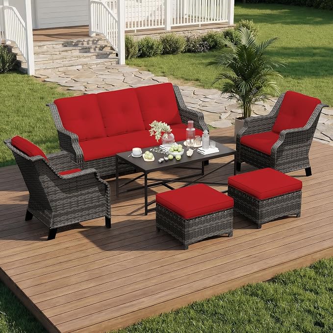6 Pieces Patio Furniture Set, Outdoor Furniture Set with 2 Patio Chairs, 2 Ottoman, 1 Outdoor Wicker Sofa, 1 Metal Table, Ideal for Backyard, Garden, Poolside, Red