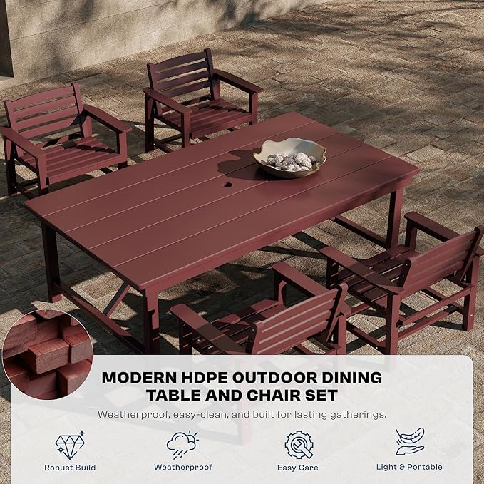 Outdoor HDPE Dining Set 7 Pieces, Patio Table with Umbrella Hole and 6 Chairs, All Weather Patio Furniture for Lawn, Garden, Backyard, Deck, Poolside, Outdoor Dining Table and Chairs, Coffee