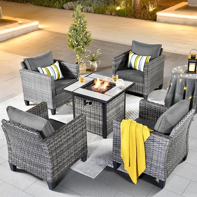 ovios 5 Pieces Patio Furniture Set, Outdoor Wicker Rattan Chairs of 4 with 30" Fire Pit Table, High Back Chair Conversation Sets for Porch Deck Garden, Dark Grey