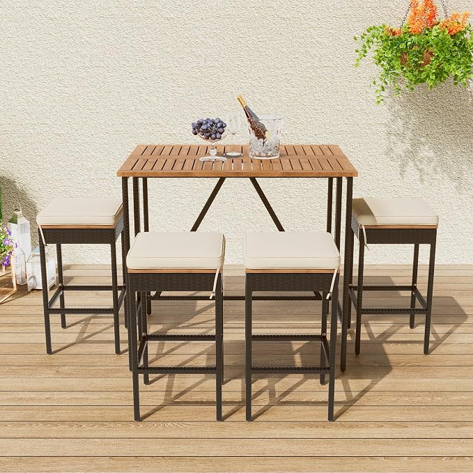5-Piece Outdoor Patio Counter Height Dining Set, Acacia Wood Bar Table and 4 Stools with Removable Cushion, All-Weather PE Rattan Wicker Bistro Set Conversation Set with Foldable Tabletop (Brown-5P)