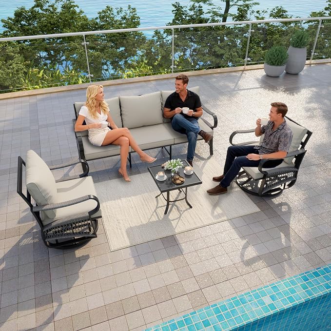 4 Pieces Outdoor Furniture Set, Patio Conversation Set with Swivel Rocking Chairs Sets and 3-Seater Couch Sofa for Deck, Porch, Garden, Backyard, Poolside (Beige Cushions)