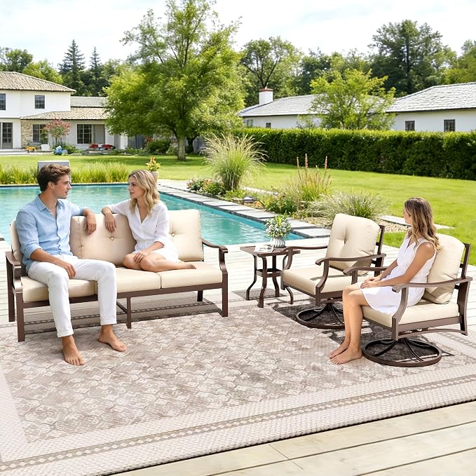 4 Piece Patio Furniture Set, Metal Outdoor Conversation Set w/3-Seat Sofa, 2 Rocking Swivel Chairs, Side Table, Patio Bistro Set w/5" Thickened Cushions for Backyard, Poolside, Beige