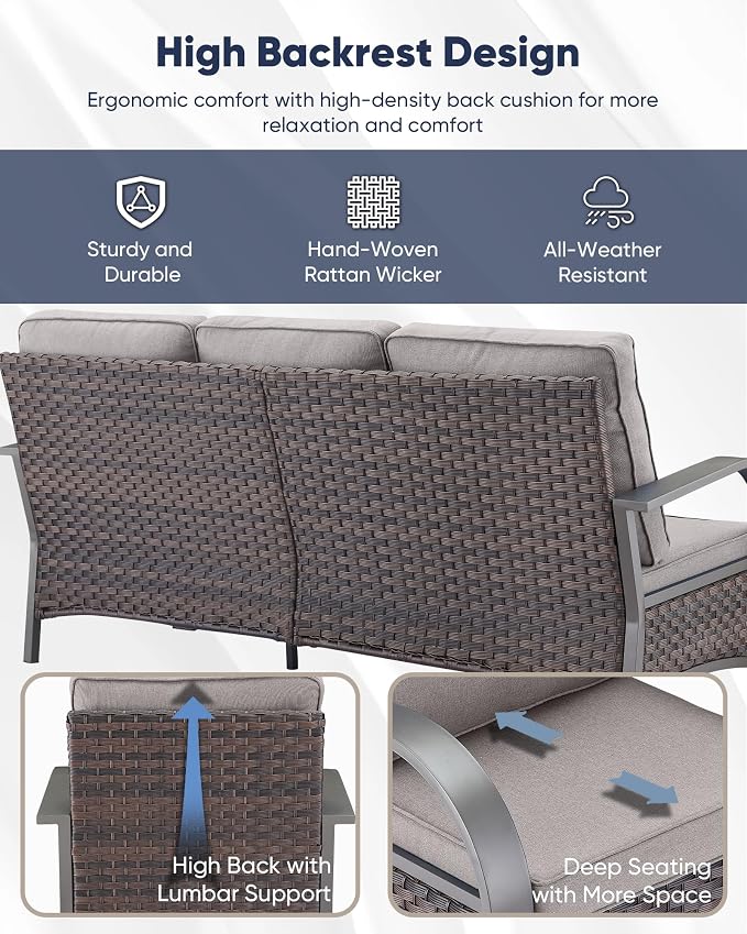 HUMMUH Outdoor Patio Furniture Sets-Wicker Patio Furniture Couch and Swivel Rocker Chairs Conversation Set for Deck Porch Garden Poolside Backyard-Brown/Grey