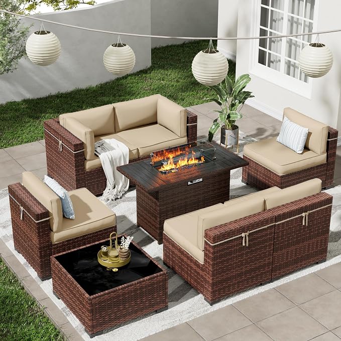 Patio Furniture Set with 44'' Propane Gas Firepit Table, 8 PCS Modular Outdoor Sectional Conversation Sets, All-Weather Wicker Patio Set for Backyard, Beige (Waterproof Covers Included)