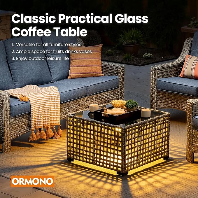 4 Piece Outdoor Patio Furniture Set, All Weather Waterproof Wicker High Back Conversation Set, Two Single Chairs, Solar Light Coffee Table, Outside Furniture for Porch Balcony, Diamond Blue