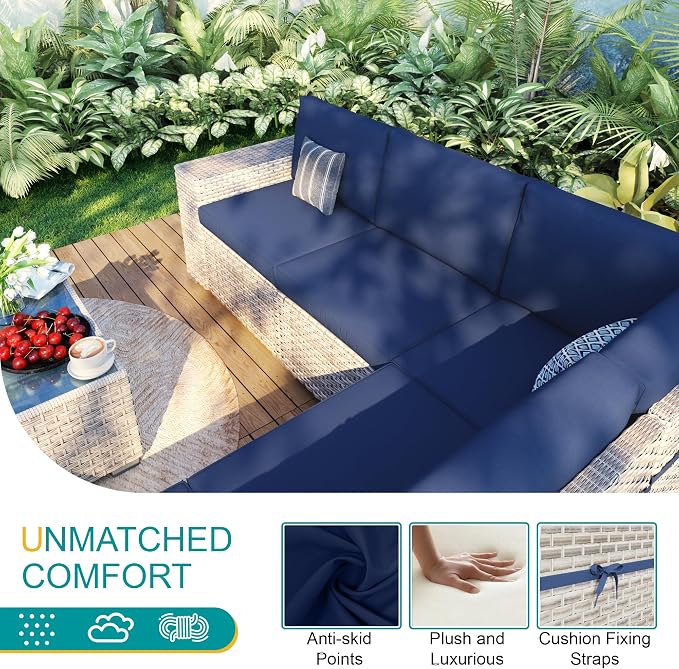 6-Piece Patio Furniture Set, Outdoor Extra Wide Armrest Modular Patio Sofa, Dual-Strand Rattan Wicker, Rust-Resistant Frame, Backyard High Back, Large Seat Furniture for Porch Garden Balcony, Blue