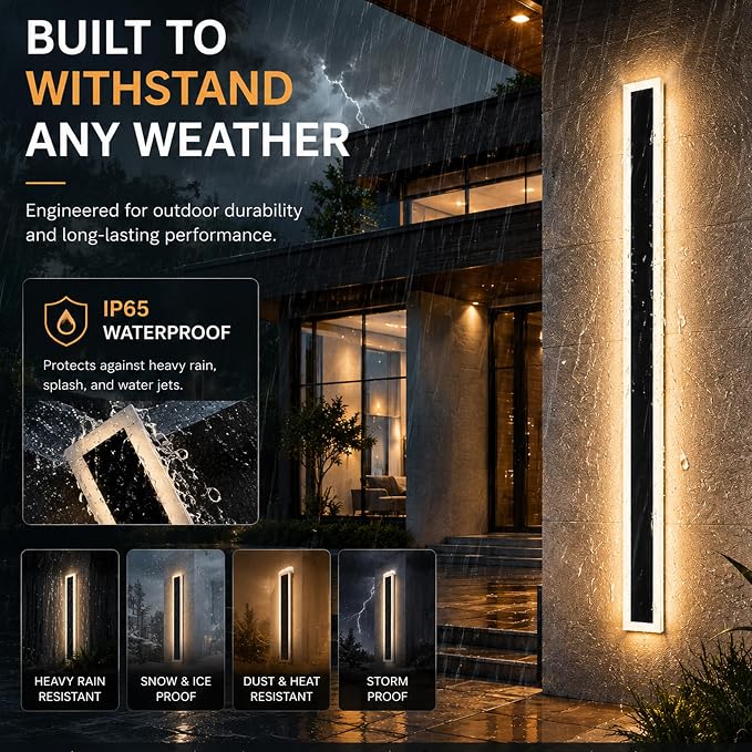 2Pack 47.2inch Long Outdoor Modern LED Wall Light,38W Waterproof IP65 Warm White 110V led Wall Mount Lighting Fixture Rectangular Black Wall Lights Elegant Frosted White Acrylic Anti Rust