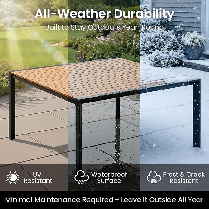 9-Piece Patio Dining Set, 56" Square Outdoor Table with Recliner Chairs | Aluminum Frame Adjustable Back& WPC Tabletop with Umbrella Hole for Garden Backyard Porch, Brown