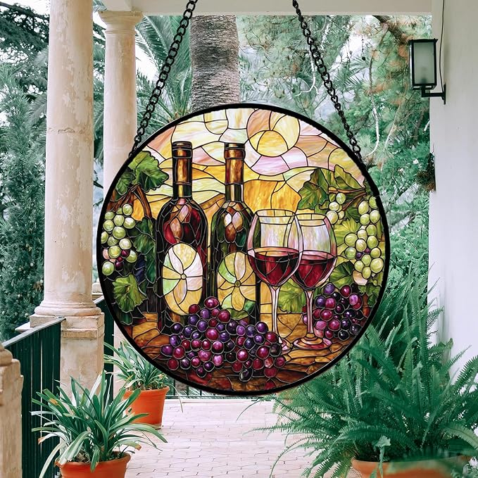 DASTOLL Stained Glass Window Hanging, Grapes and Wine Suncatcher Diamond Glass Panel Hangings Sun Catchers Decor for Birthday for Women, Men, Wife, Aunt, and Mom 14.9x14.9 in
