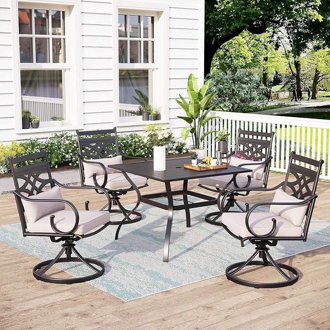 MFSTUDIO 5-Piece Patio Dining Set, 37" Square Metal Table, Swivel Chairs | For Deck, Backyard, Poolside, Garden