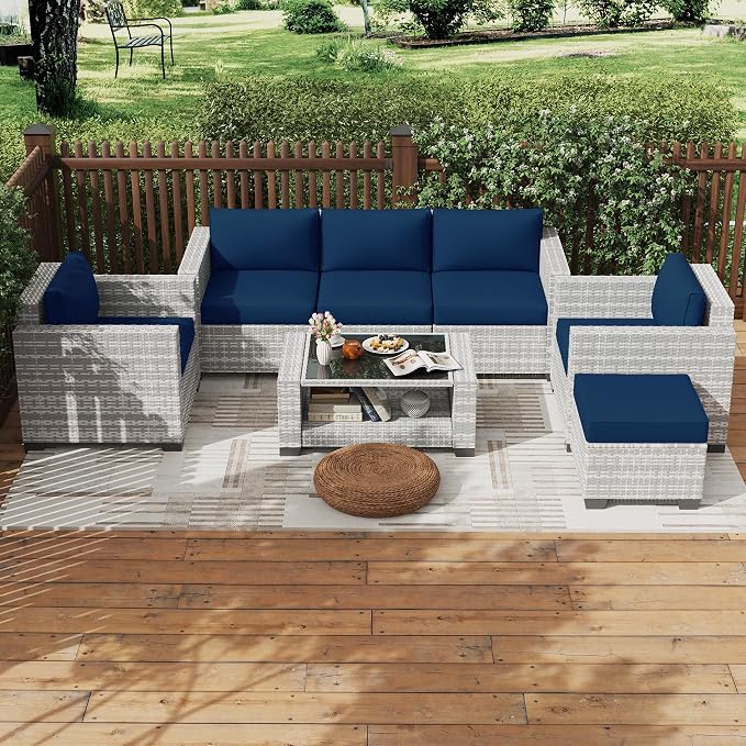 KIGOTY Patio Furniture Set 7 PCS Patio Conversation Sets, All-Weather PE Rattan Outdoor Sectional Sofa with Cushion and 2- Tier Glass Coffee Table（Grey White/Dark Blue）