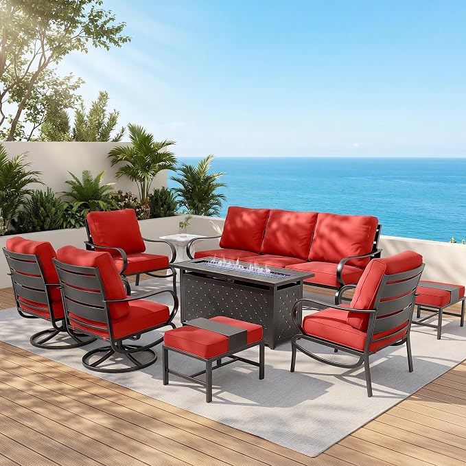 MFSTUDIO 8 Pieces Patio Furniture Sets with 45" Gas Fire Pit Table(Up to 9 Seat),Outdoor Metal Conversation Sofas with 1 x 3-Seat Sofa, 2 Single Chairs,2 Swivel Chairs and 2 Ottoman,Red Cushion